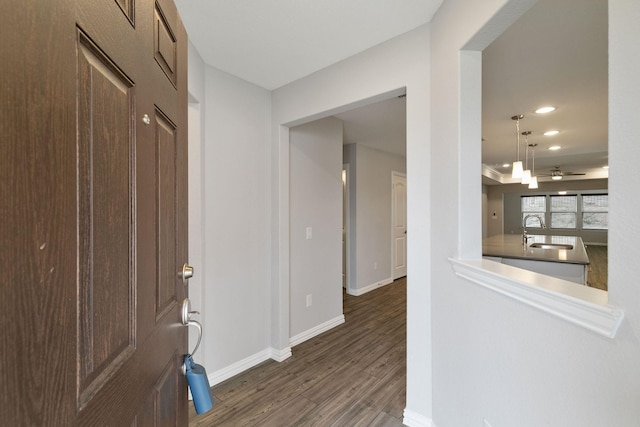 foyer featuring ceiling fan, dark hardwood / wood-style flooring, and sink