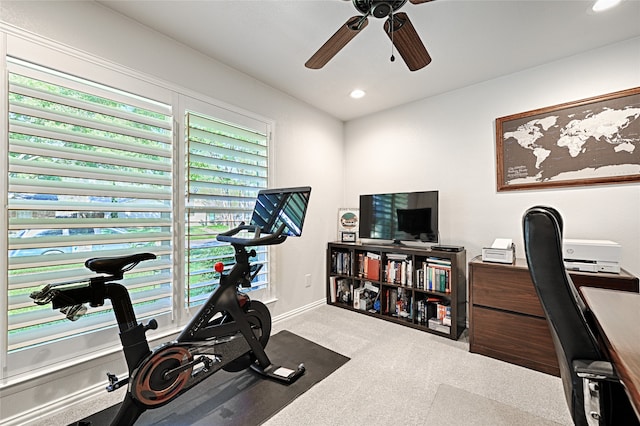 workout area featuring ceiling fan and carpet