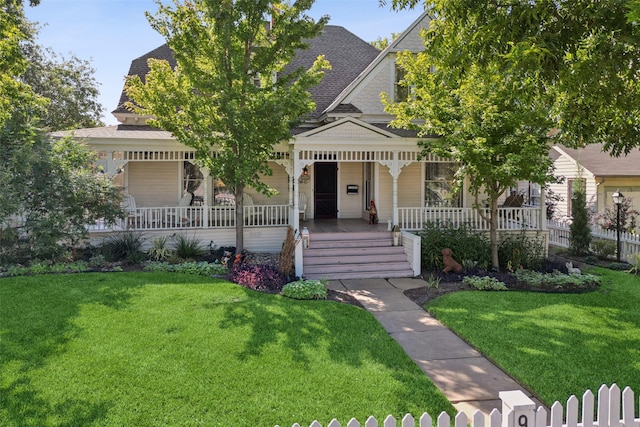 view of front of property featuring a front lawn, fence, and a porch