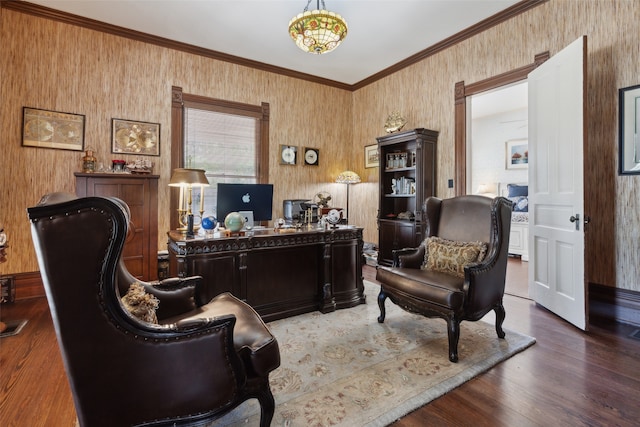 office area with ornamental molding and hardwood / wood-style floors