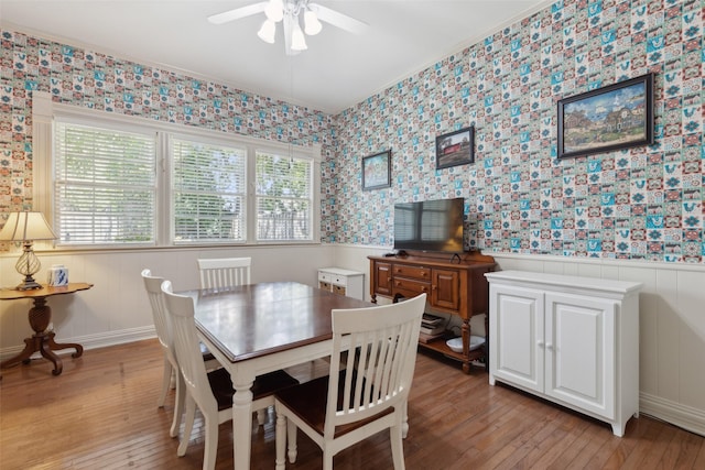 903 N College St, Mckinney, TX 75069 - dining room featuring wainscoting, light wood-style floors, wallpapered walls, ceiling fan, and crown molding