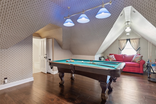 rec room featuring billiards, dark hardwood / wood-style floors, and vaulted ceiling