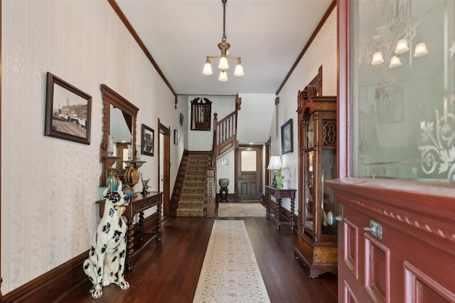 foyer entrance featuring a notable chandelier, ornamental molding, and dark hardwood / wood-style flooring