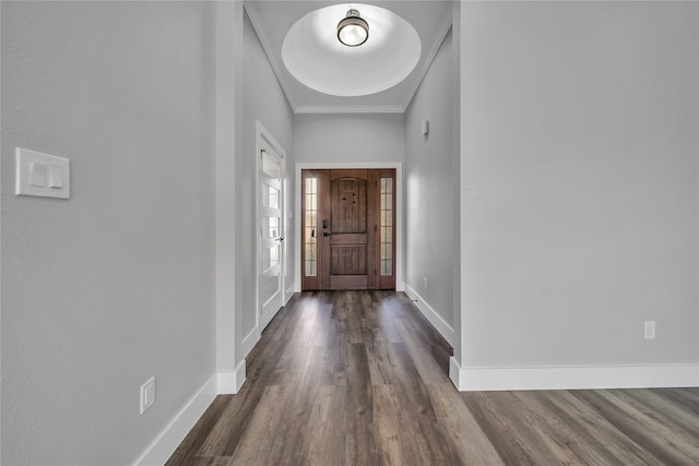 entrance foyer with dark wood-type flooring and crown molding