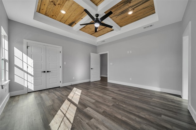 interior space with beam ceiling, coffered ceiling, wood ceiling, dark wood-type flooring, and ceiling fan