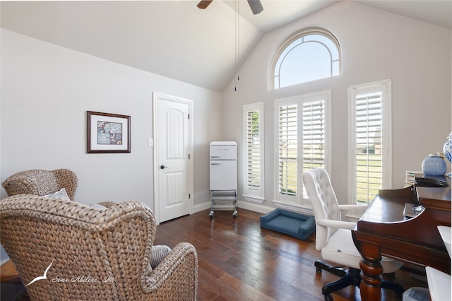 office area with ceiling fan, dark hardwood / wood-style floors, and high vaulted ceiling