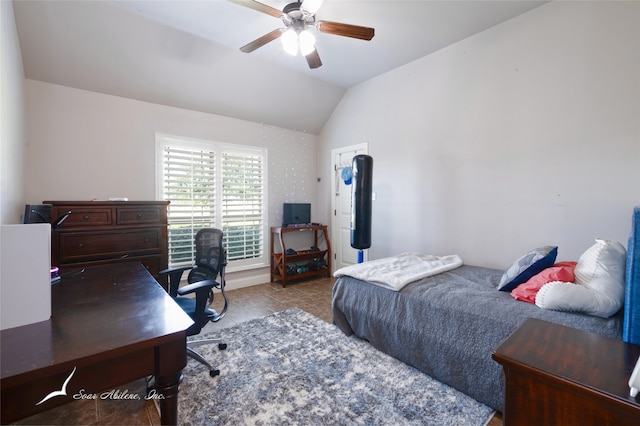 bedroom featuring light tile patterned flooring, ceiling fan, and vaulted ceiling