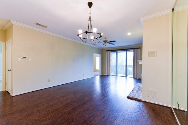 unfurnished room with crown molding, ceiling fan with notable chandelier, and dark hardwood / wood-style flooring