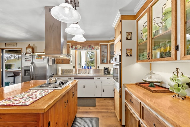 kitchen featuring pendant lighting, white cabinets, ornamental molding, appliances with stainless steel finishes, and light wood-type flooring