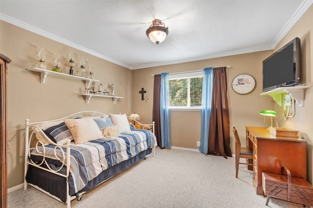 carpeted bedroom featuring ornamental molding