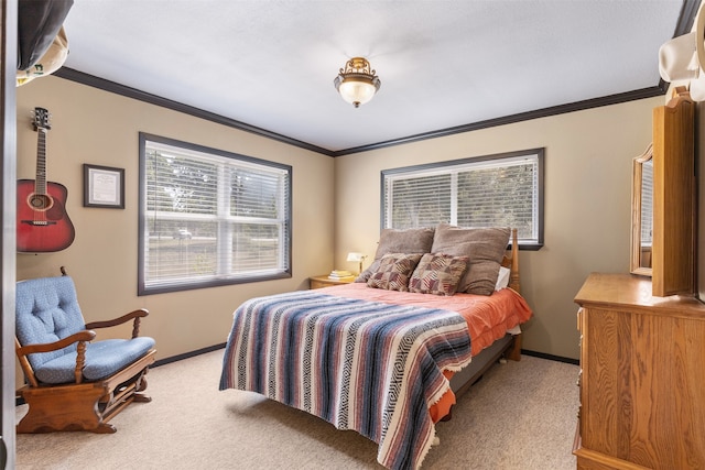 carpeted bedroom with ornamental molding and multiple windows