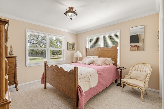 bedroom featuring crown molding and light colored carpet