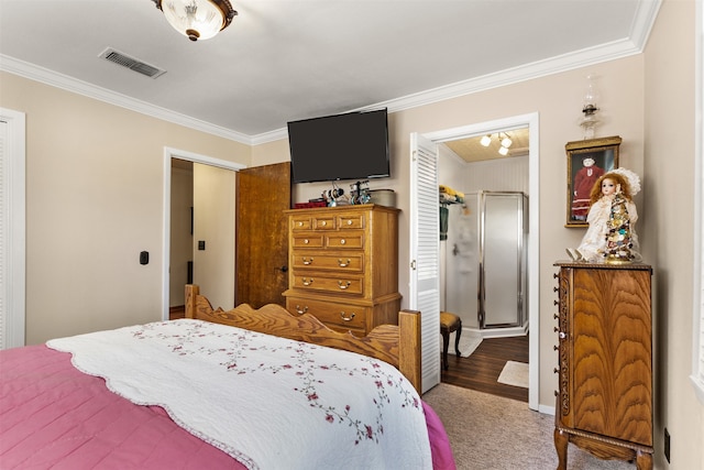 bedroom with wood-type flooring and ornamental molding