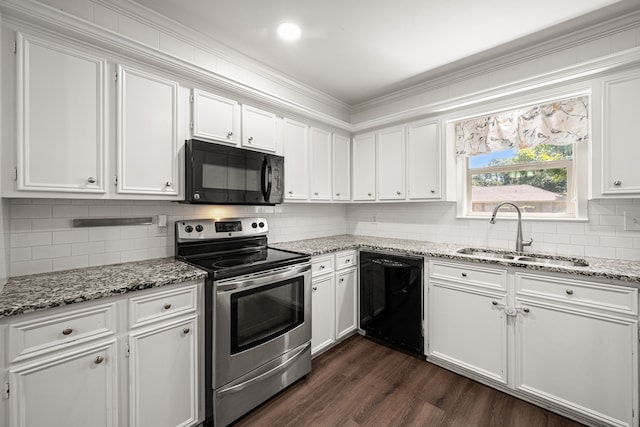 kitchen featuring dark wood-type flooring, sink, ornamental molding, black appliances, and white cabinetry