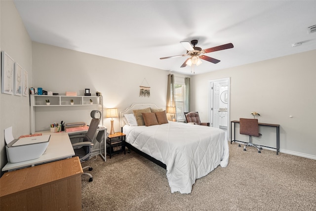 bedroom featuring ensuite bath, ceiling fan, and carpet floors