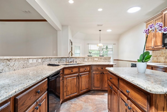 7710 Valley Ridge Dr, Northlake, TX 76247 - kitchen with dishwasher, a sink, light stone counters, recessed lighting, and brown cabinetry