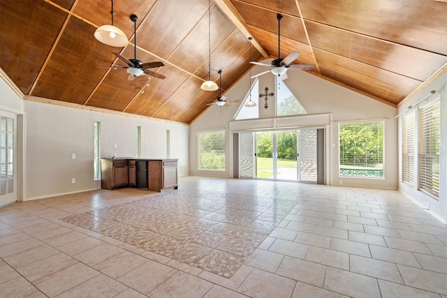 7710 Valley Ridge Dr, Northlake, TX 76247 - unfurnished living room featuring a ceiling fan, wooden ceiling, high vaulted ceiling, baseboards, and light tile patterned floors
