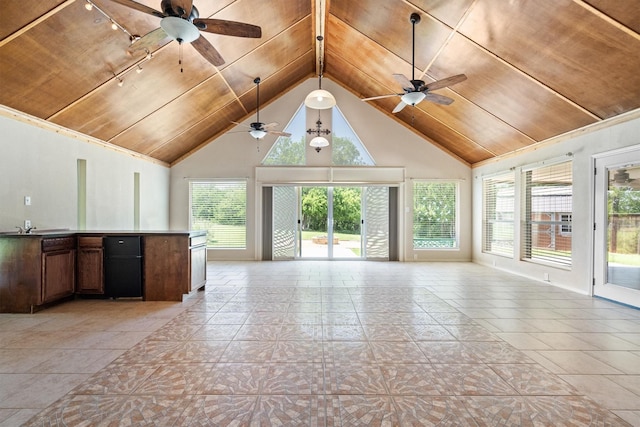 7710 Valley Ridge Dr, Northlake, TX 76247 - unfurnished living room featuring wooden ceiling, plenty of natural light, a ceiling fan, high vaulted ceiling, and light tile patterned floors