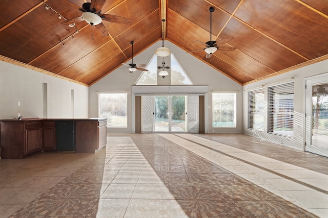 interior space featuring light tile patterned flooring, wood ceiling, and high vaulted ceiling