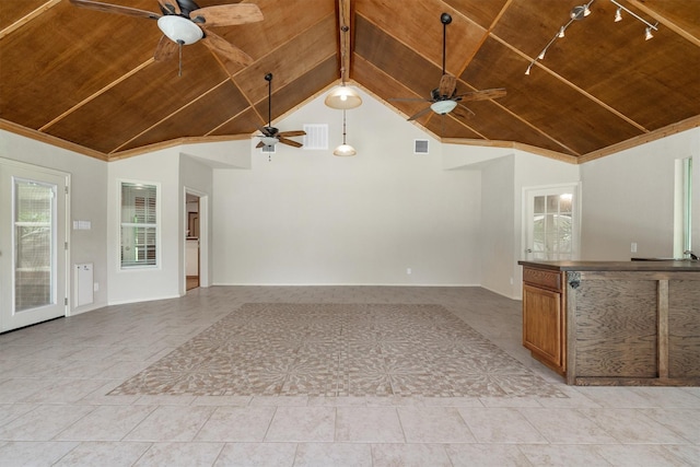 7710 Valley Ridge Dr, Northlake, TX 76247 - unfurnished living room featuring wood ceiling, a ceiling fan, high vaulted ceiling, light tile patterned floors, and baseboards