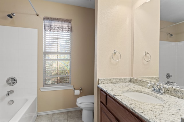 full bathroom with tile patterned floors, tiled shower / bath, vanity, and toilet