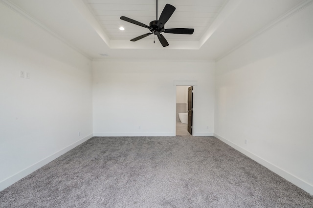 unfurnished room featuring light carpet, ceiling fan, and a raised ceiling