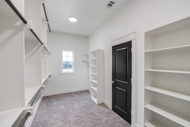 spacious closet featuring light colored carpet