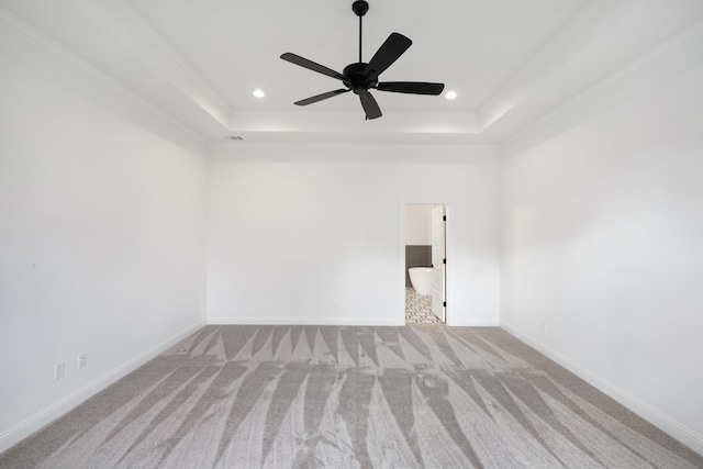 spare room featuring ornamental molding, light carpet, and a tray ceiling