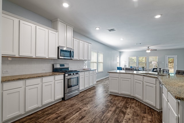 kitchen featuring appliances with stainless steel finishes, ceiling fan, dark wood-type flooring, sink, and white cabinets