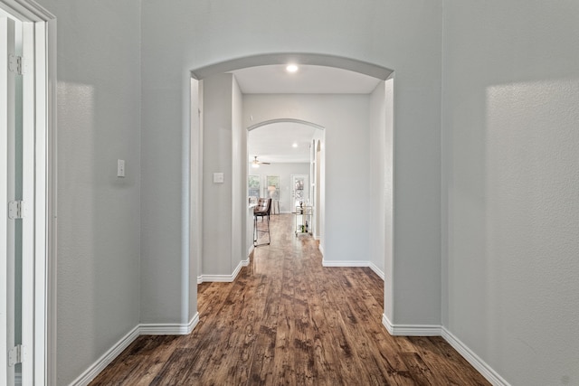 corridor featuring dark wood-type flooring