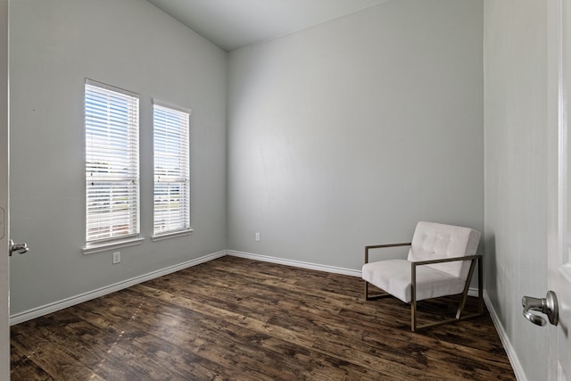 living area featuring dark hardwood / wood-style flooring and lofted ceiling