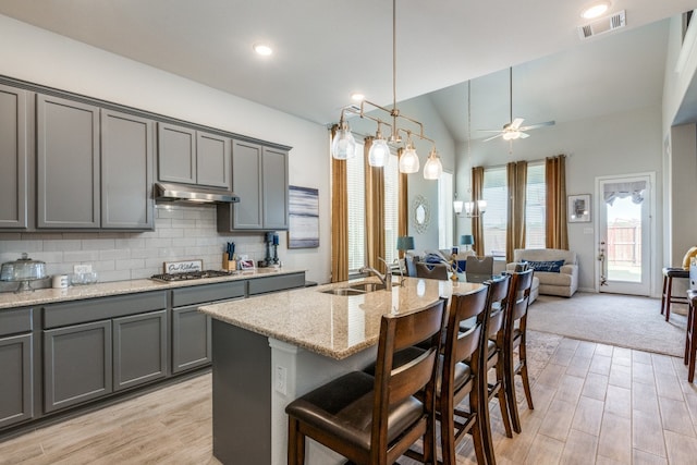 kitchen featuring light hardwood / wood-style floors, gray cabinets, a center island with sink, and sink