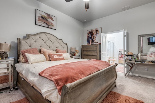 bedroom with light colored carpet and ceiling fan