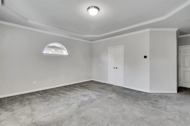 empty room featuring ornamental molding, a tray ceiling, and carpet floors