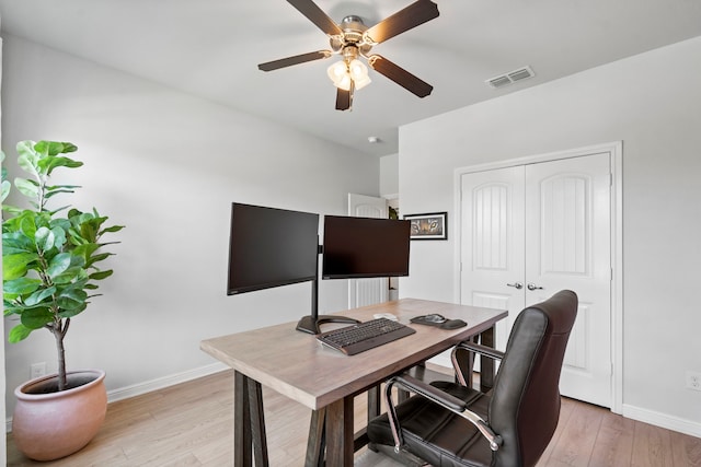 office area featuring light hardwood / wood-style flooring and ceiling fan