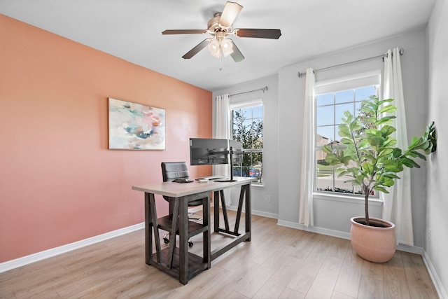 office area with a healthy amount of sunlight, ceiling fan, and light hardwood / wood-style floors