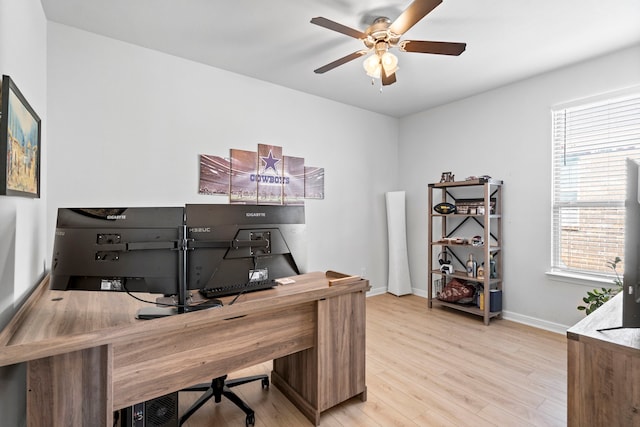 home office with ceiling fan and light hardwood / wood-style flooring