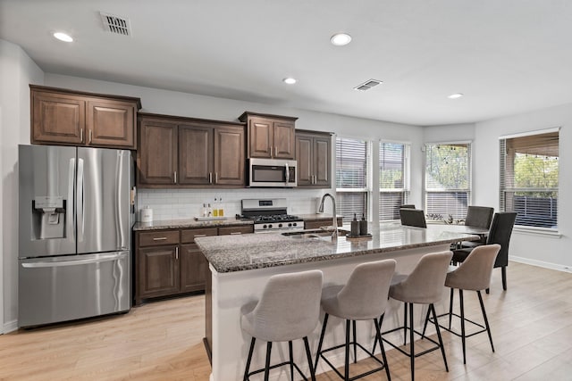 kitchen featuring light hardwood / wood-style floors, a breakfast bar, a center island with sink, sink, and stainless steel appliances