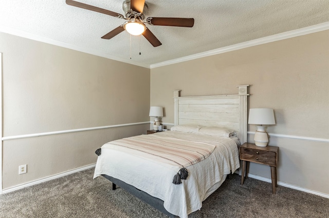 bedroom with dark carpet, a textured ceiling, and ceiling fan