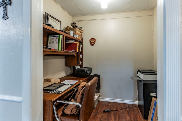 office space featuring dark hardwood / wood-style floors and ornamental molding