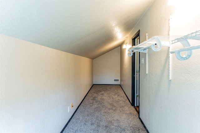 additional living space with lofted ceiling, carpet floors, and a textured ceiling