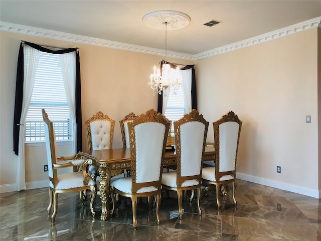 dining room featuring crown molding, a notable chandelier, and a wealth of natural light