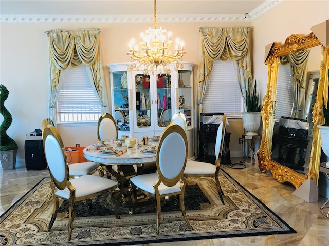 dining space featuring a notable chandelier and ornamental molding