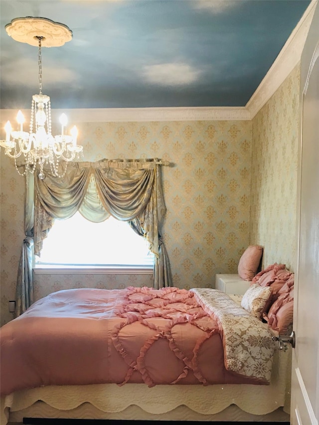 bedroom with crown molding and a notable chandelier