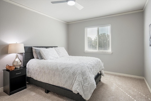 bedroom featuring carpet flooring, ceiling fan, and ornamental molding