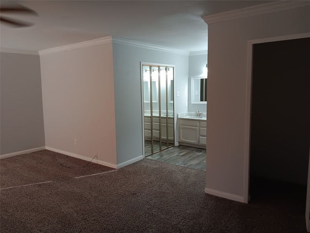 unfurnished room featuring crown molding, sink, and carpet