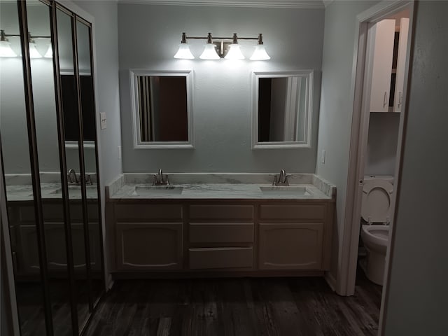 bathroom featuring hardwood / wood-style flooring, vanity, and toilet