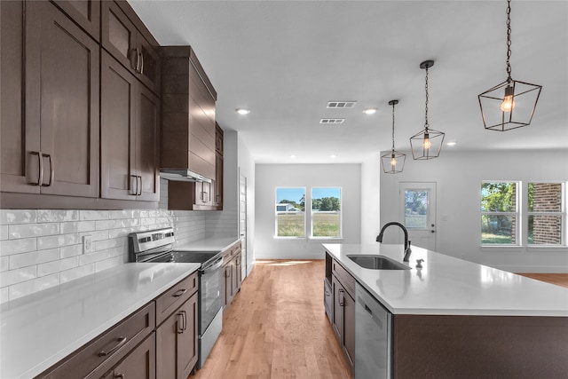 kitchen with pendant lighting, sink, a center island with sink, stainless steel appliances, and light wood-type flooring