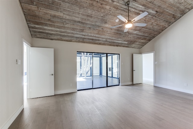 empty room featuring wood ceiling, hardwood / wood-style flooring, and ceiling fan