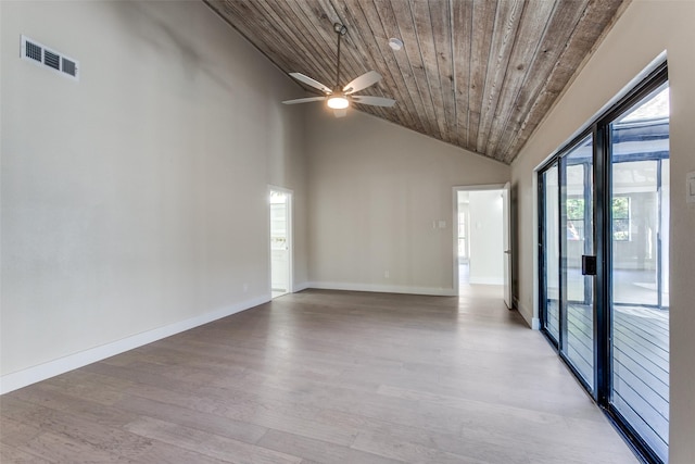 empty room featuring wood ceiling, high vaulted ceiling, ceiling fan, and light wood-type flooring